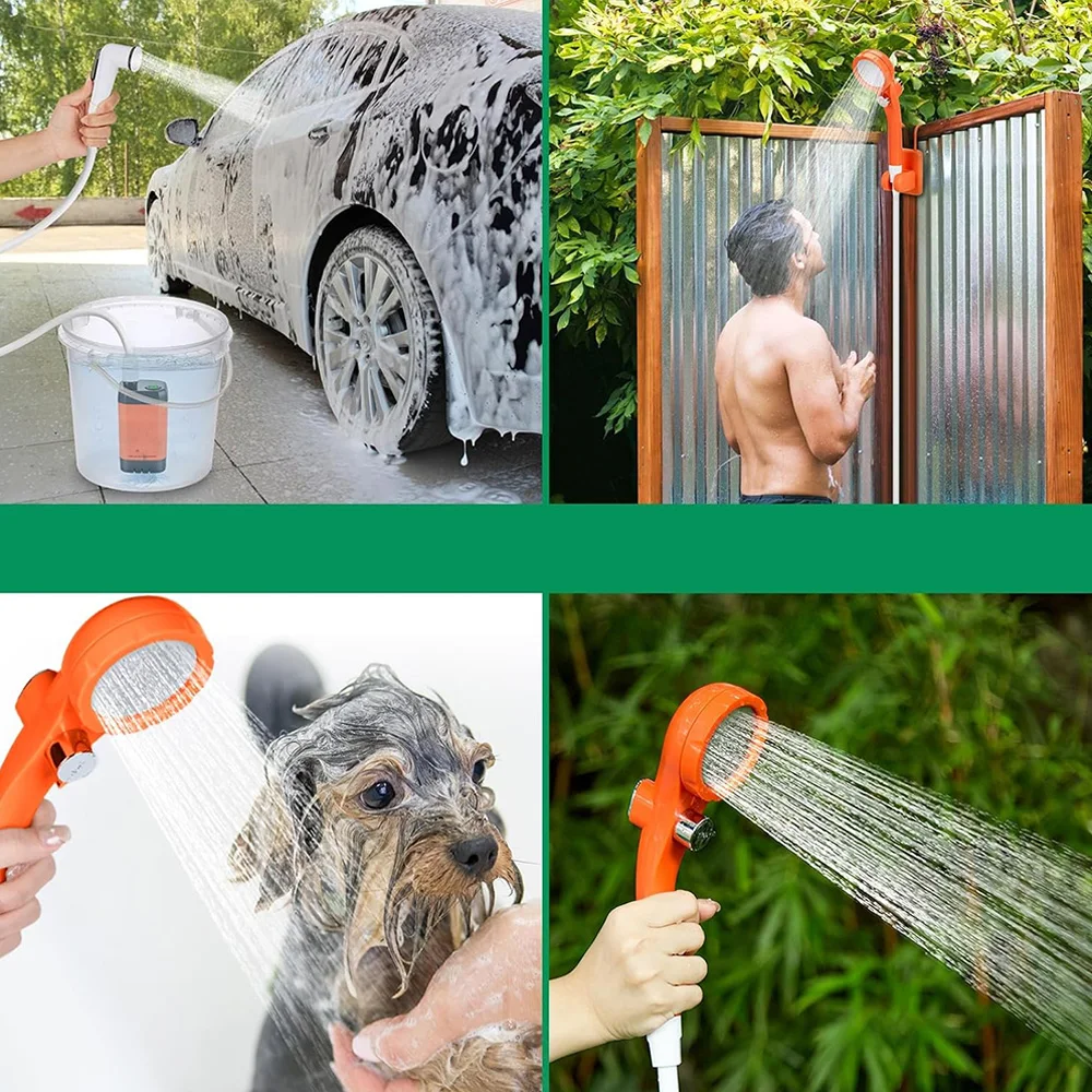 Bomba de ducha eléctrica portátil, kit de ducha para acampar, pantalla indicadora LED, IPX7, resistente al agua, manguera de 2 m, 4 modos de liberación de agua, duchas exteriores, 6000 MAh, para acampar, senderismo, lavado de coches, limpieza de mascotas