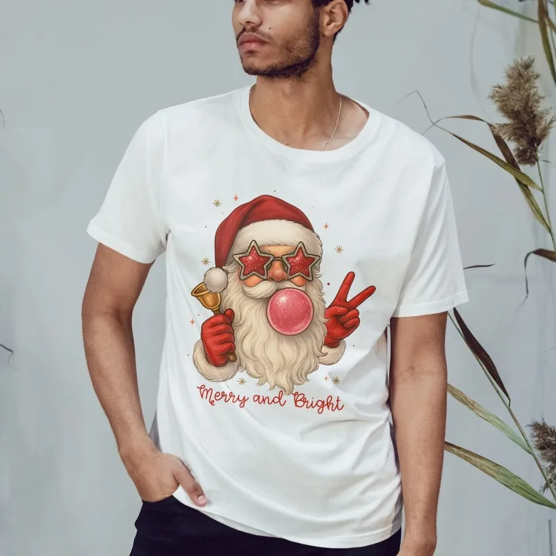 

Веселый и яркий Санта-Клаус Рождественский мужской женский хлопковый топ с круглым вырезом и короткими рукавами, всесезонная мягкая повседневная модная футболка