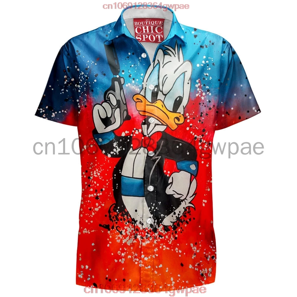 Donald Duck Hawaiian Shirt Men\'s Women\'s Short Sleeve Button Down Shirt Disney Graffiti Lapel Shirt Casual Retro Beach Shirt