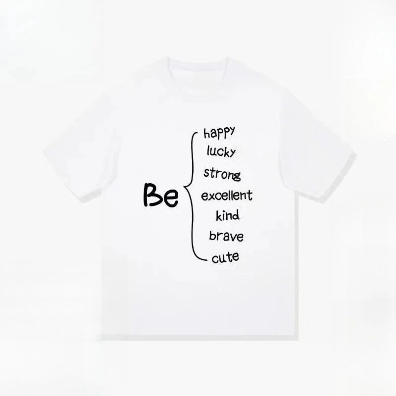 Minimal Inspirational Hand Drawn Bracket Text Layout Print Short Sleeve Tee Summer Trend Unisex Loose Crew Neck Daily T Shirts