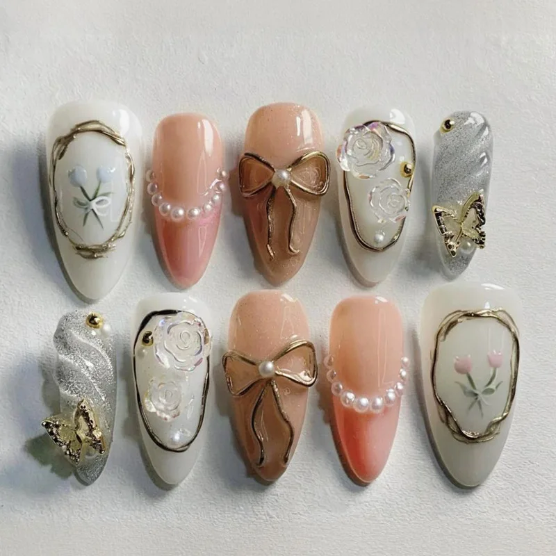 24PCS Almond Shape Fake Nails with Gilded Exquisite High Quality Cat Eye Press on Armor Pure Hand Heart Bow Design False Nails