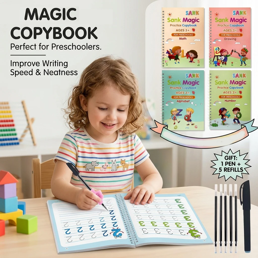 Reusable Magic Practice Copybook Kids Grooved Handwriting Tracing Book with Pen Holder Preschool Learning Supplies Birthday Gift