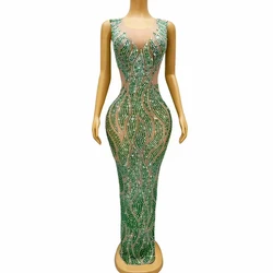 Sexy Designed Blingbling Green Rhinestones Mesh Dress Women Evening Cocktail Party Red carpet Stage Perform Photoshoot Costume