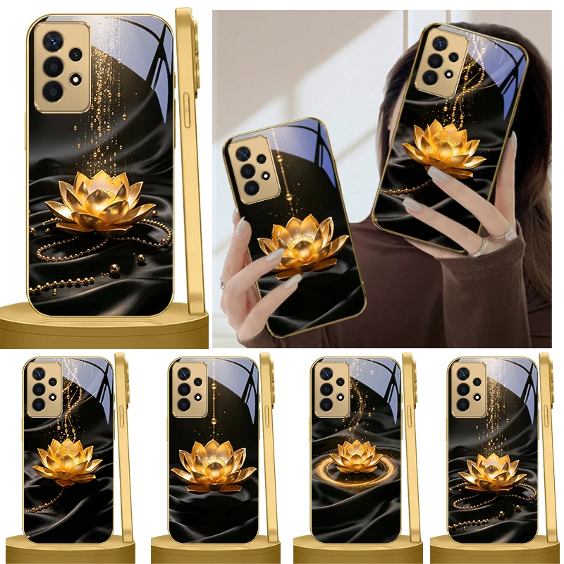 Lucky Lotus Flower Pattern For Samsung A36 A35 A34 A33 A32 A31 A26 A25 A23 A22 A21s A73 A72 A71 A42 A56 Golden glass phone case