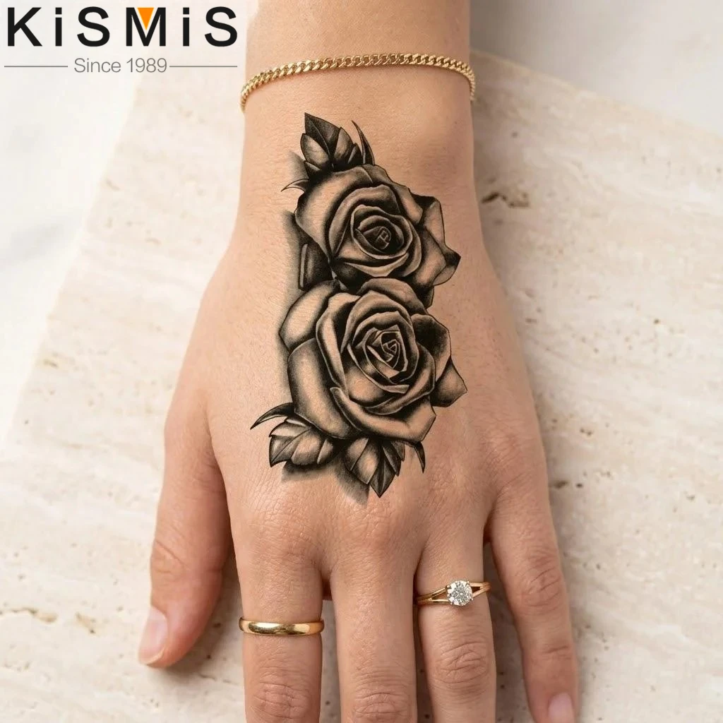 

2Pcs Black Double Rose Waterproof Temporary Tattoos Large Size Long Lasting Body Art Stickers for Women Men
