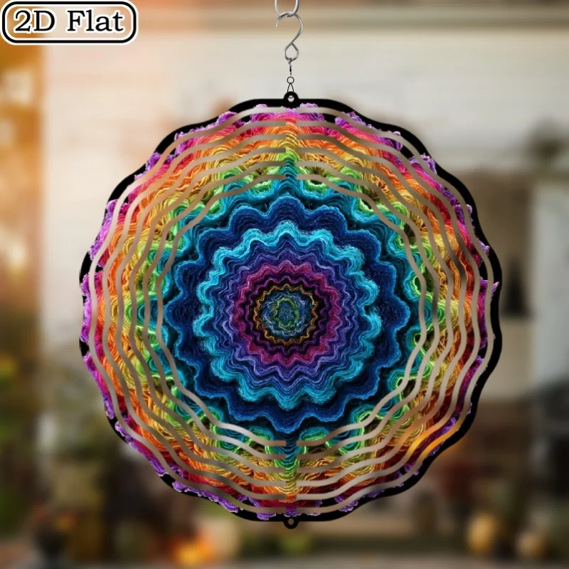2D Flat  Mandala Kaleidoscope Metal Wind Chime,360° Rotating Colorful Iron Soothing Sound,Holiday Home Decor Gift for Family
