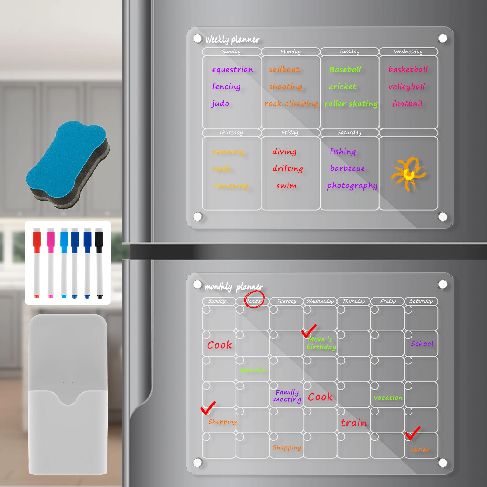 

Acrylic Magnetic Calendar Set for Fridge Transparent Acrylic Fridge Dry Erase Calendar Board Reusable Planning Whiteboard with 3