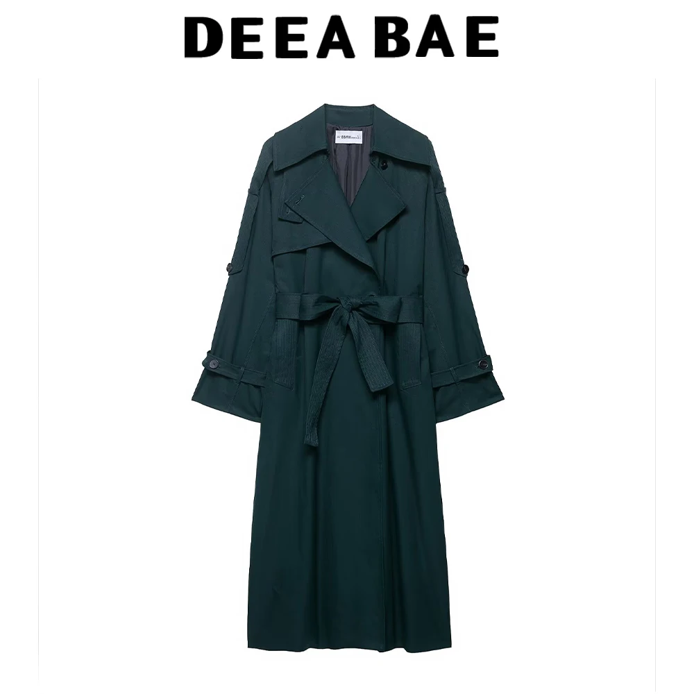 

DEEABAE 2025 Autumn New Product Women's Wear High End Flip Collar Temperament with Belt Loose Long Windbreaker Coat