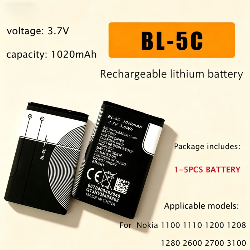 

BL-5C 1020mAh 3.7V Lithium Polymer Phone Battery for Nokia 1100 1110 1200 1208 1280 2600 2700 3100 3110 5130 6230 N70 N71 3125