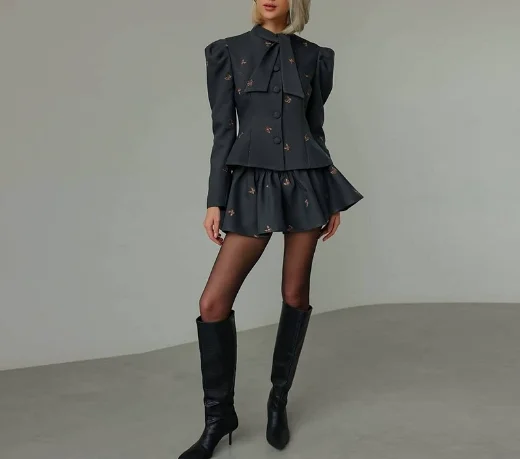 Two Piece Set Women Outfit 2026 Spring Fashion Print Lace Collar Long Sleeved Single-Breasted Coat & Elegant Commuting Skirt Set