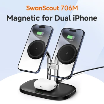 SwanScout 706M Wireless Charger for iPhone 16 15 14 13 12 Series Dual Magnetic 3 In 1 Charging Station for AirPods 4 3rd Pro 2nd