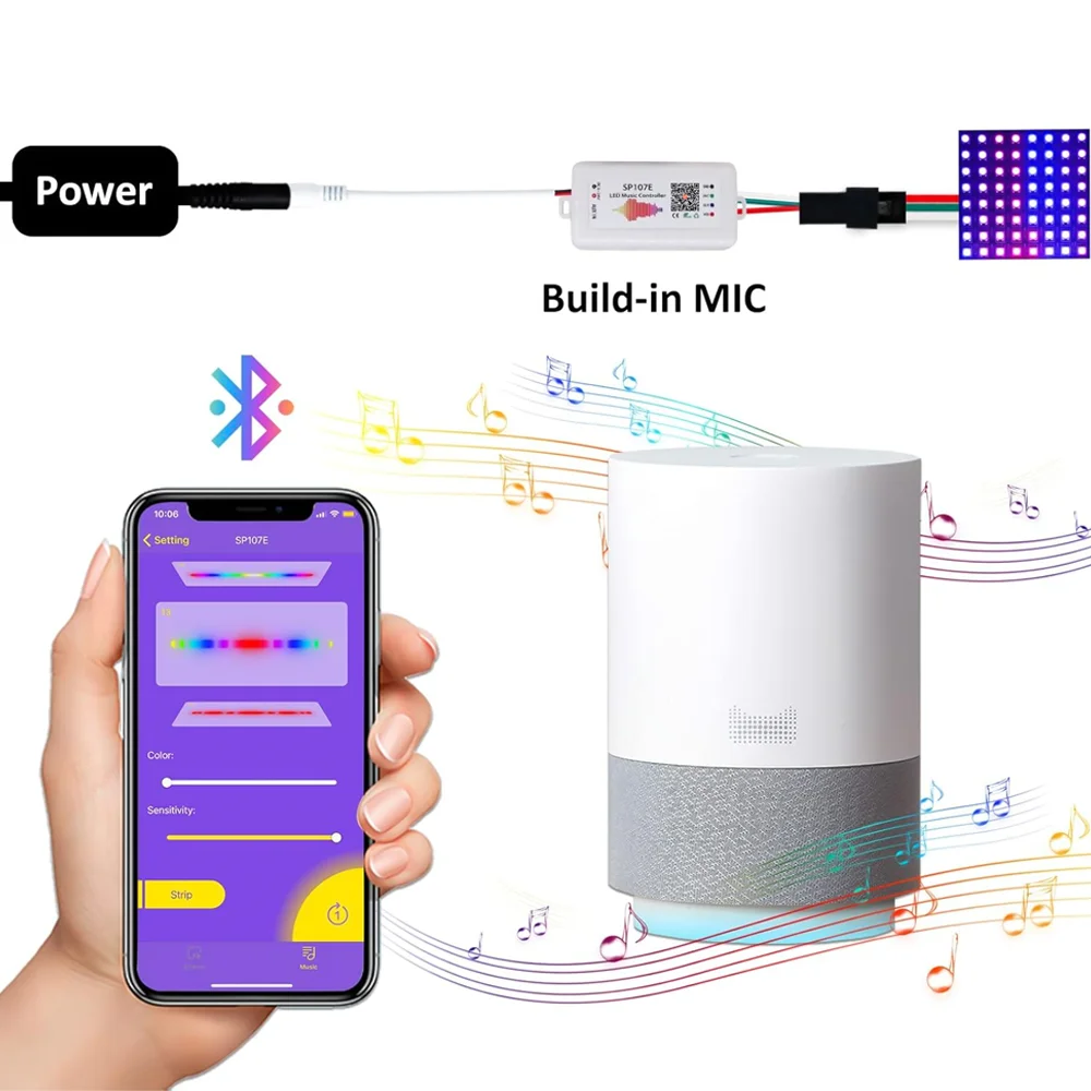 SP107E DC5-24V ตัวควบคุมเพลง LED พร้อมบลูทูธไร้สาย รองรับ SPI ควบคุมเพลงสีเต็มรูปแบบผ่านแอปโทรศัพท์ สำหรับ WS2812B