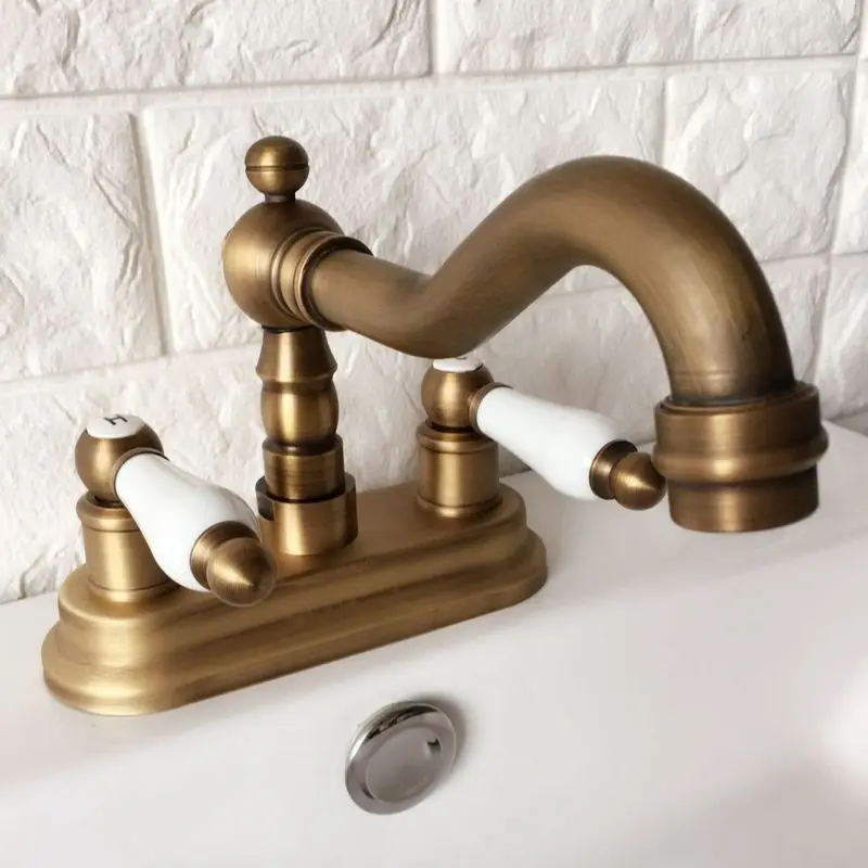 Vintage Retro Antique Brass Swivel Spout Kitchen Sink Faucet 2 Hole Bathroom Basin Cold and Hot Water Mixer Taps Dnfa7