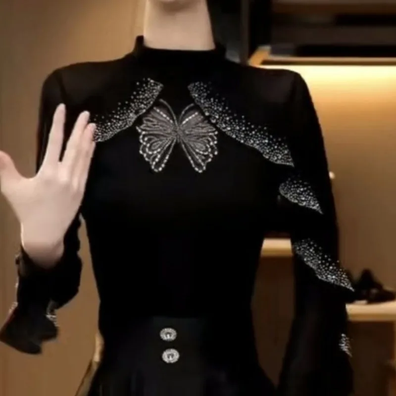 الموضة الجديدة العصرية شبكة تكدرت حجر الراين الأعلى بأكمام طويلة تي شيرت المرأة قاع قميص الرقص الأعلى