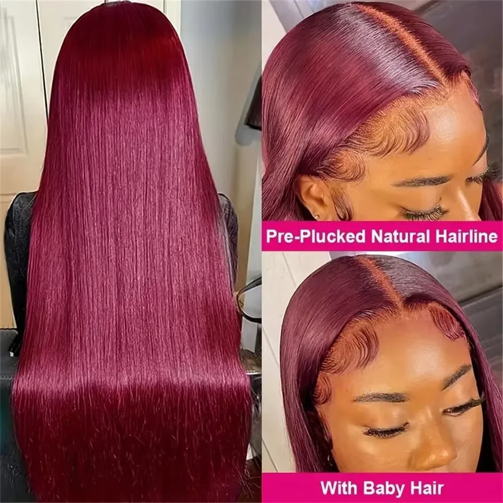 Perruque Lace Front Wig Naturelle Lisse et Colorée, Cheveux Humains, Bordeaux, 13x4, 13x6, Densité 200, pour Femme