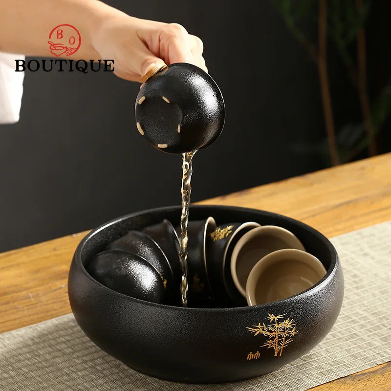 

1000ml Retro Carved Gold Large Black Pottery Tea Wash Tank Household Pen Wash Water Bowl Ceramic Chaxi Tea Ceremony Accessories