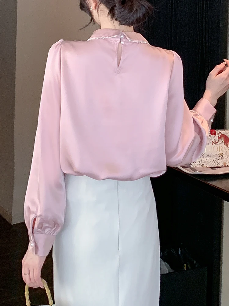 Elegant Apricot Shirt Women Spring Autumn Long Sleeve Silk Satin Blouses Women Fashion Turn Down Collar OL Style Shirts 2024