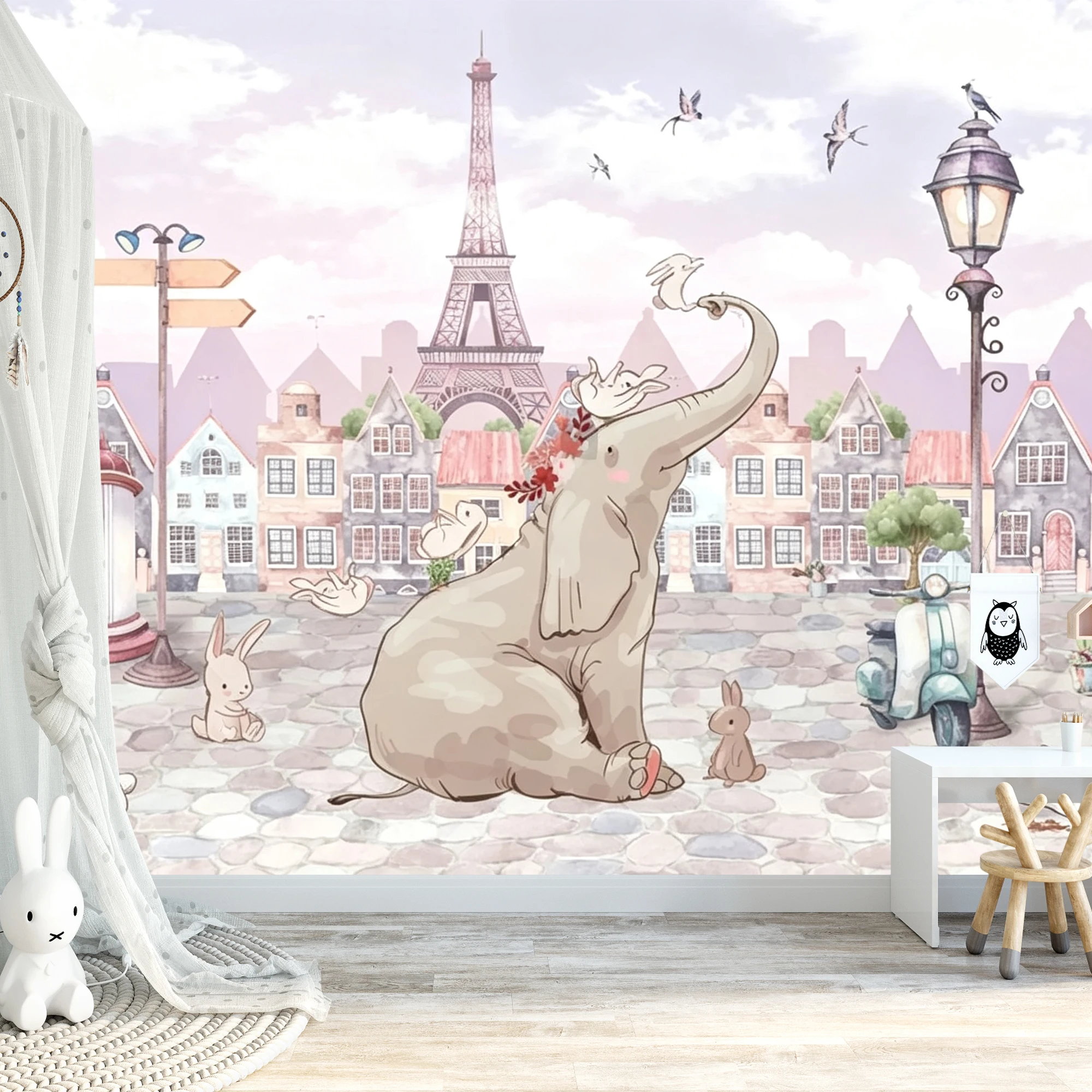 Kids Elephant Paris City Wallpaper Custom Peel Stick Wall Mural Cartoon Rabbit Animal Nursery Bedroom Home Wall Decoration
