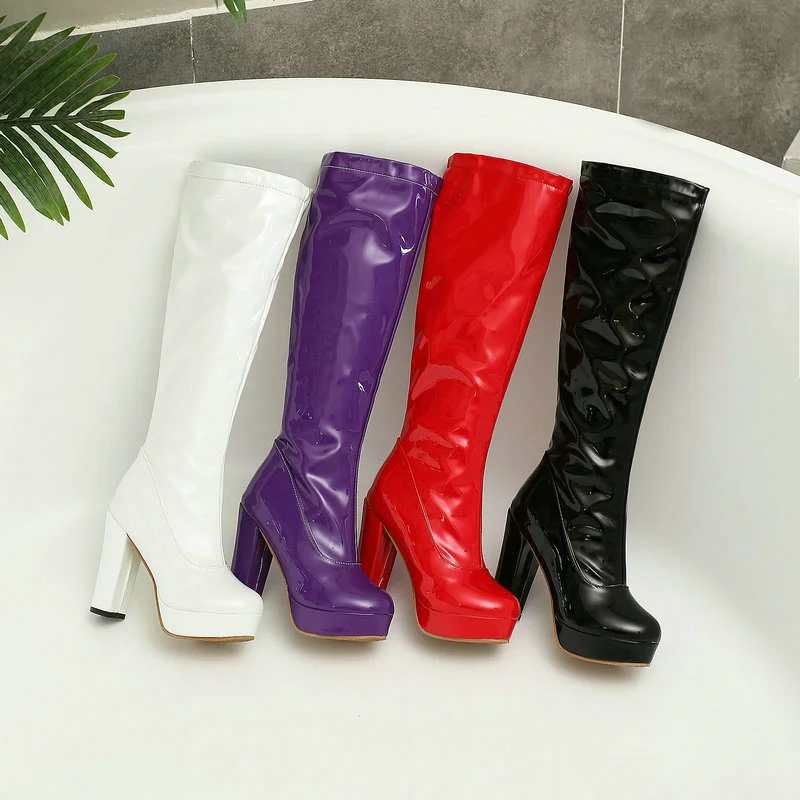 2022 Candy Colors Women Knee High Boots Platform Square High Heel Ladies Calf Boots Patent PU Leather Round Toe Zipper Shoes