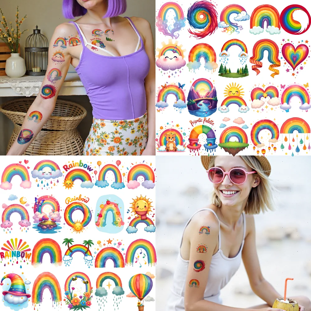 

63pcs Temporary Tattoo Sun Cartoon Clouds Rainbow Waterproof Long-lasting Body Stickers Unicorn For Cheeks Arms