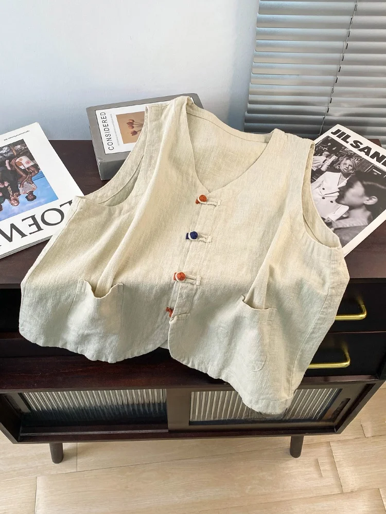 

Новый китайский жилет на пуговицах в стиле ретро, женский летний легкий хлопковый льняной жилет с v-образным вырезом на одной пуговице