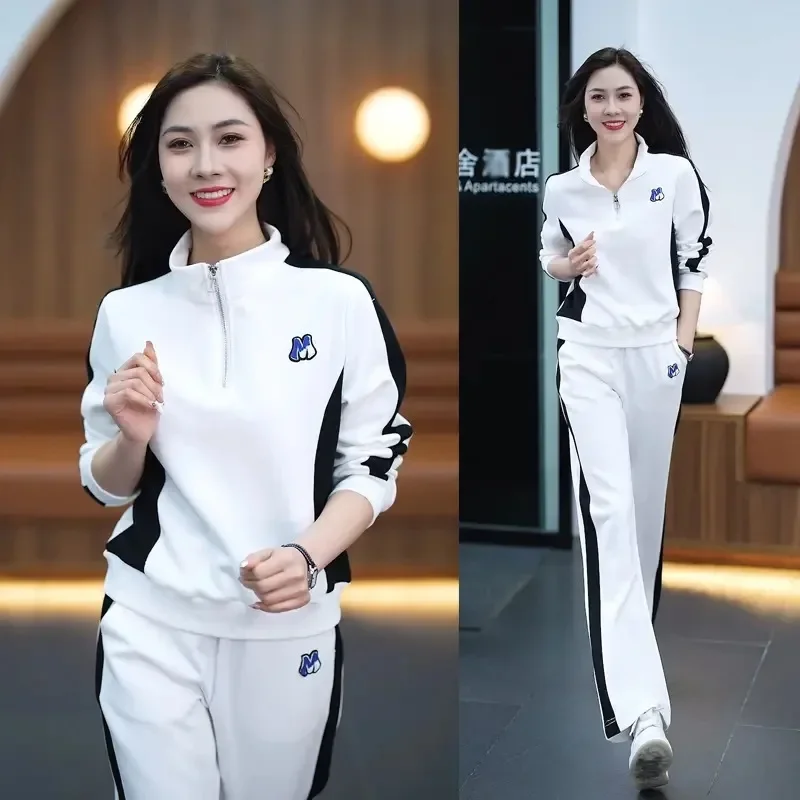 Wide-leg Pants Two-piece Casual Sports Suit 2025 New Fashion Foreign Look Thin Stand-up Neck Sweater Women's Spring and Autumn