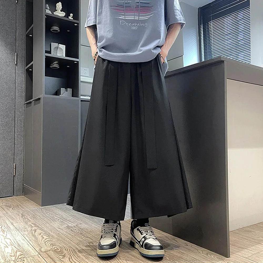 

Summer Men's Solid Color Straight Wide-Leg Trousers With Ribbons Retro Harajuku Fashion Casual Trend Simple Loose Men's Bottoms