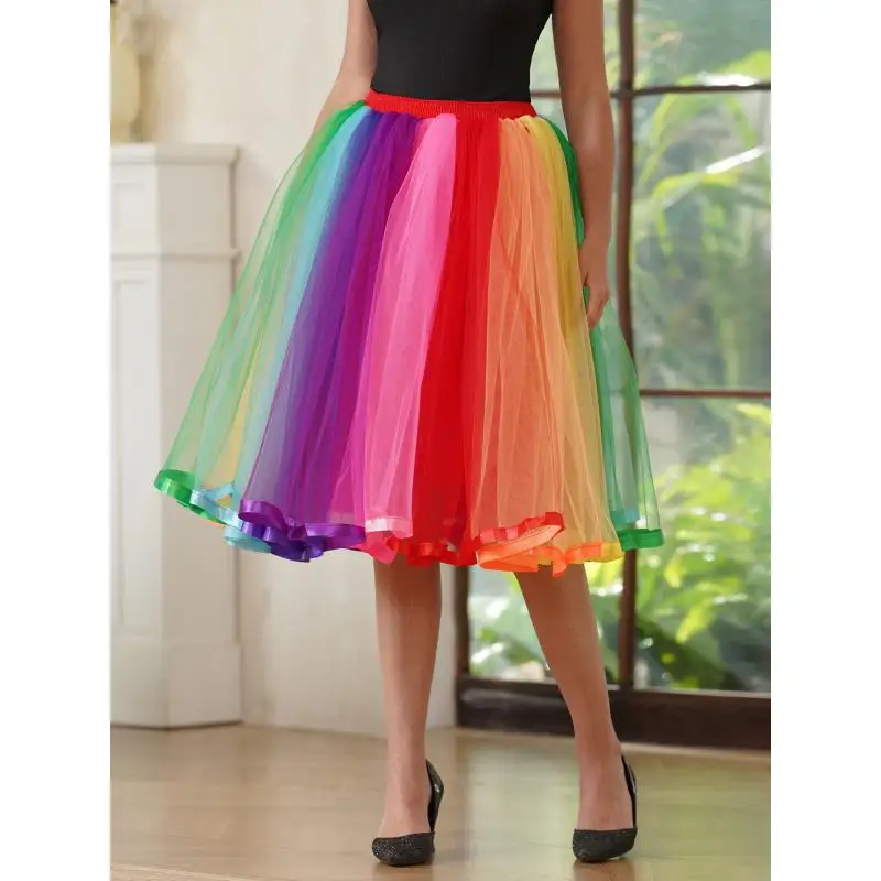 

Женская сетчатая радужная юбка с эластичной талией, плиссированная, из цветного тюля, подъюбник, костюм для выступлений, карнавальная юбка-пачка для вечеринок