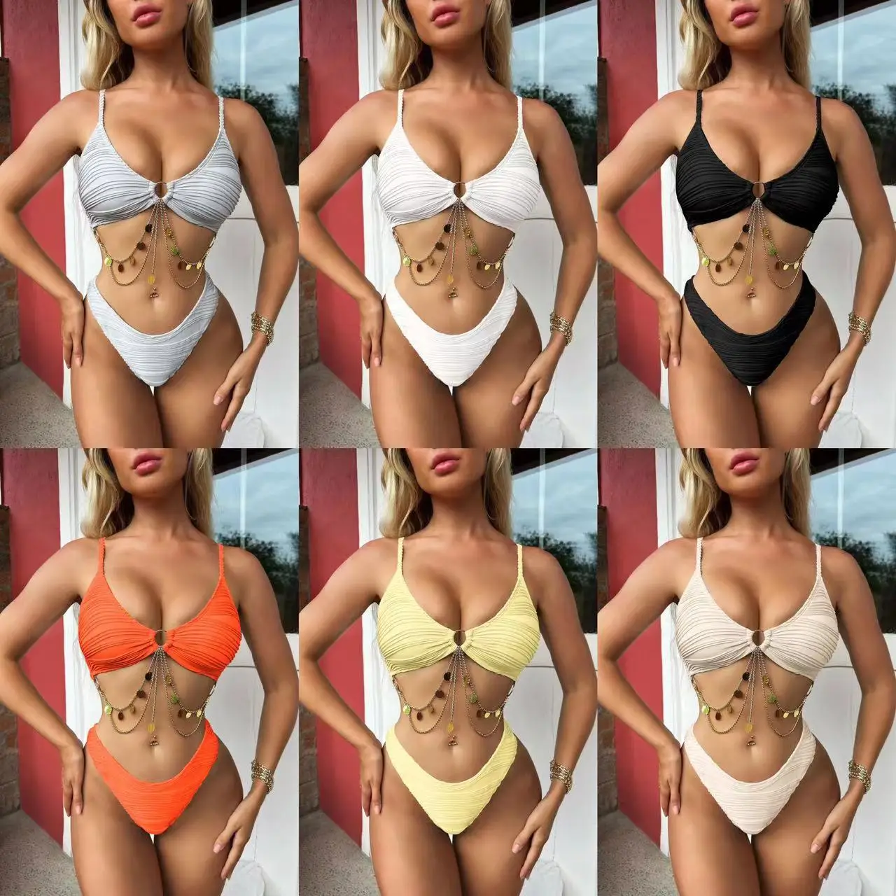 New Pleated Fabric Split Swimsuit Hanging Chain Swimsuit Bikini