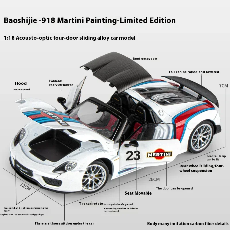 1:18 Porsche 918 Martini Geschilderde Limited Edition Legering Diecast Automodel Collectie Van Hobbyornamenten Geluid & Licht Serie Cadeau