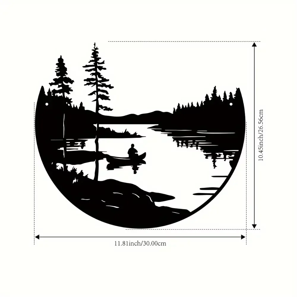 Round Metal Wall Art 1 Pc Bohemian Style Scenic Lake and Mountain Silhouette Outdoor Sculpture for Home and Patio