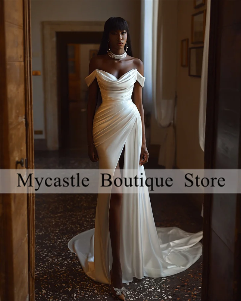 

Aso Ebi White Satin Mermaid Wedding Dresses Women 2025 Off The Shoulder Bridal Dress Elegant Pleat Evening Prom Gowns Customized