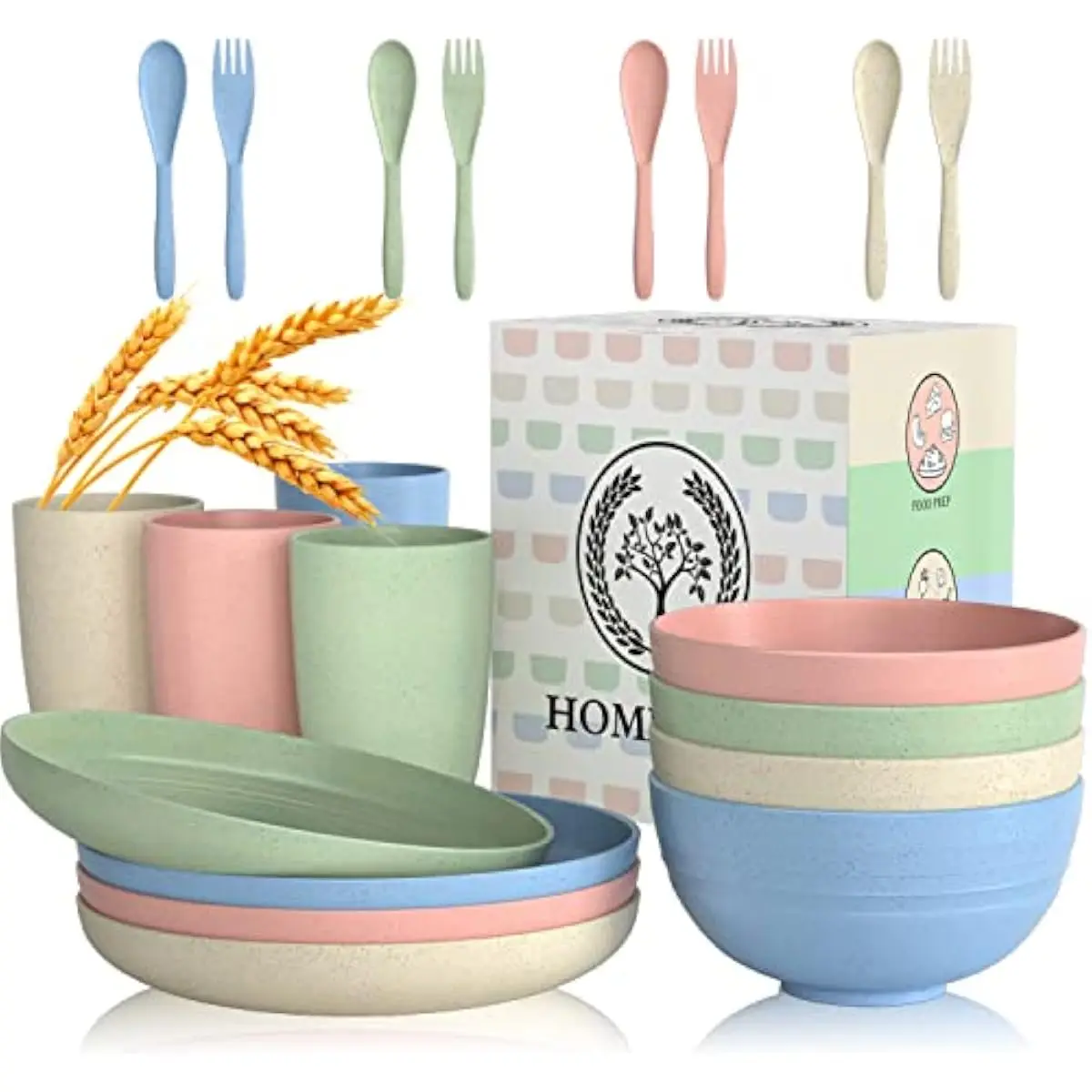 Wheat Straw Dinnerware Set 20 Pcs Includes Plates Cups Bowls Forks Spoons in Beige Pink Green Blue Smooth Edges Microwave Dishwa