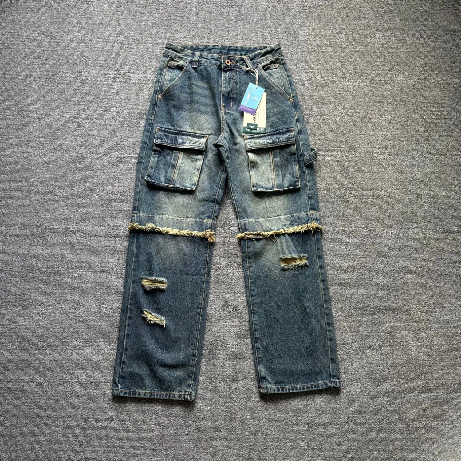 American retro spliced   raw edge work jeans for men with multiple pockets ripped straight high street work trousers
