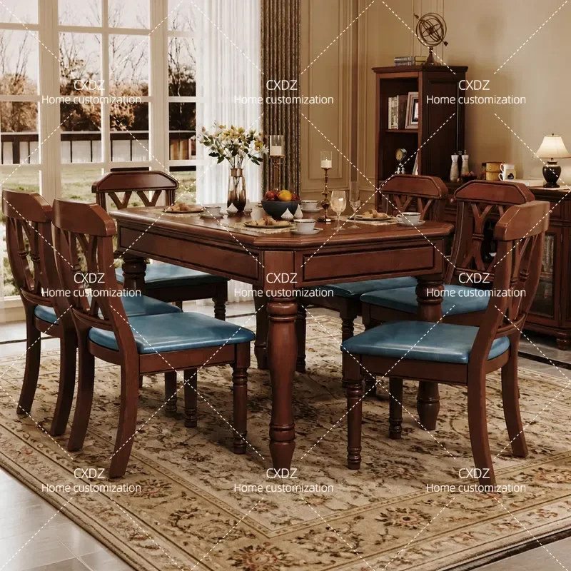 American Style All Solid Wood Square Dining Table Set 1.35m with Soft Leather Cushion Chairs for 4 6 8 People Home Kitchen