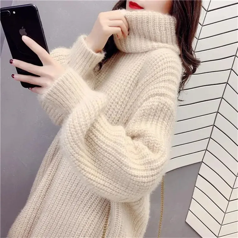 Fashion Autumn Winter Turtleneck Knitted Dress Red Gray Apricot Casual Sweater Dresses Thicken Long Sweater Pullover Female