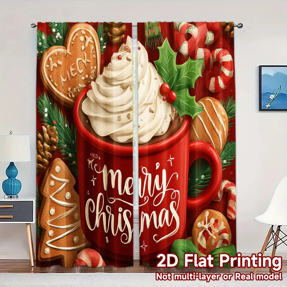 2D Flat Printing,JIT 2pcs, Curtains (Without Rod) Festive Mug Creative Chic Curtains Machine Washable Fabric Curtains Room Decor