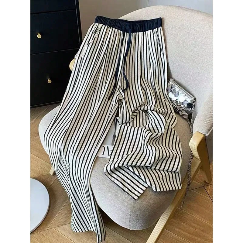

2026 Summer New Texture Women's Striped Wide-leg Lacing Pants High Waist Drape Thin Female Casual Pocket Ankle-length Trousers