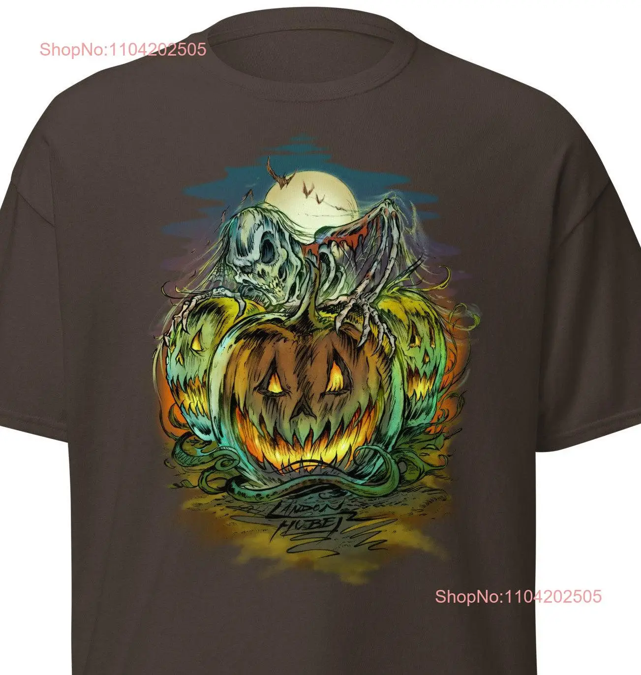 The Skeleton on Pumpkins Spooky T Halloween shirt by Artist Landon Huber Party long or short sleeves