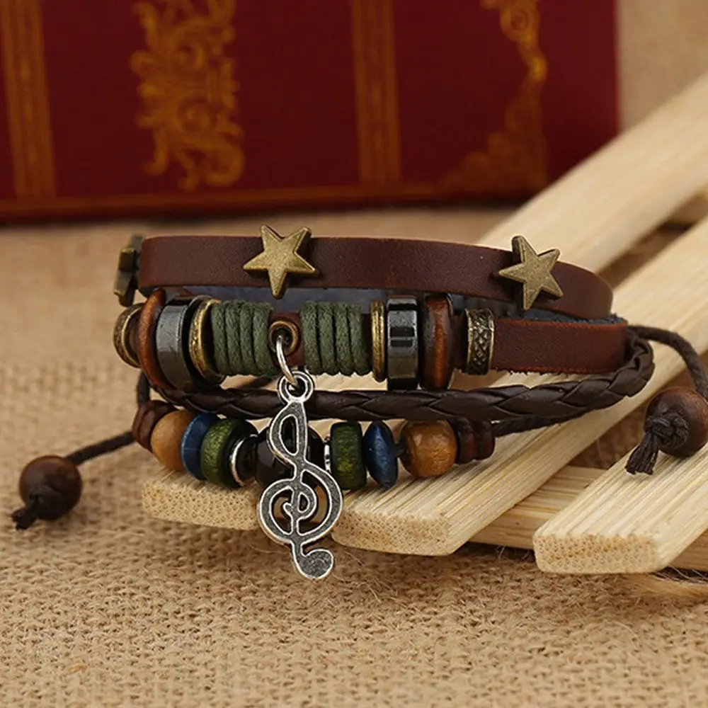 Handmade Boho Gypsy Hippie Design Brown Leather Star Metal Charms Wood Button Beads Wrap Unisex Adjustable Bracelet