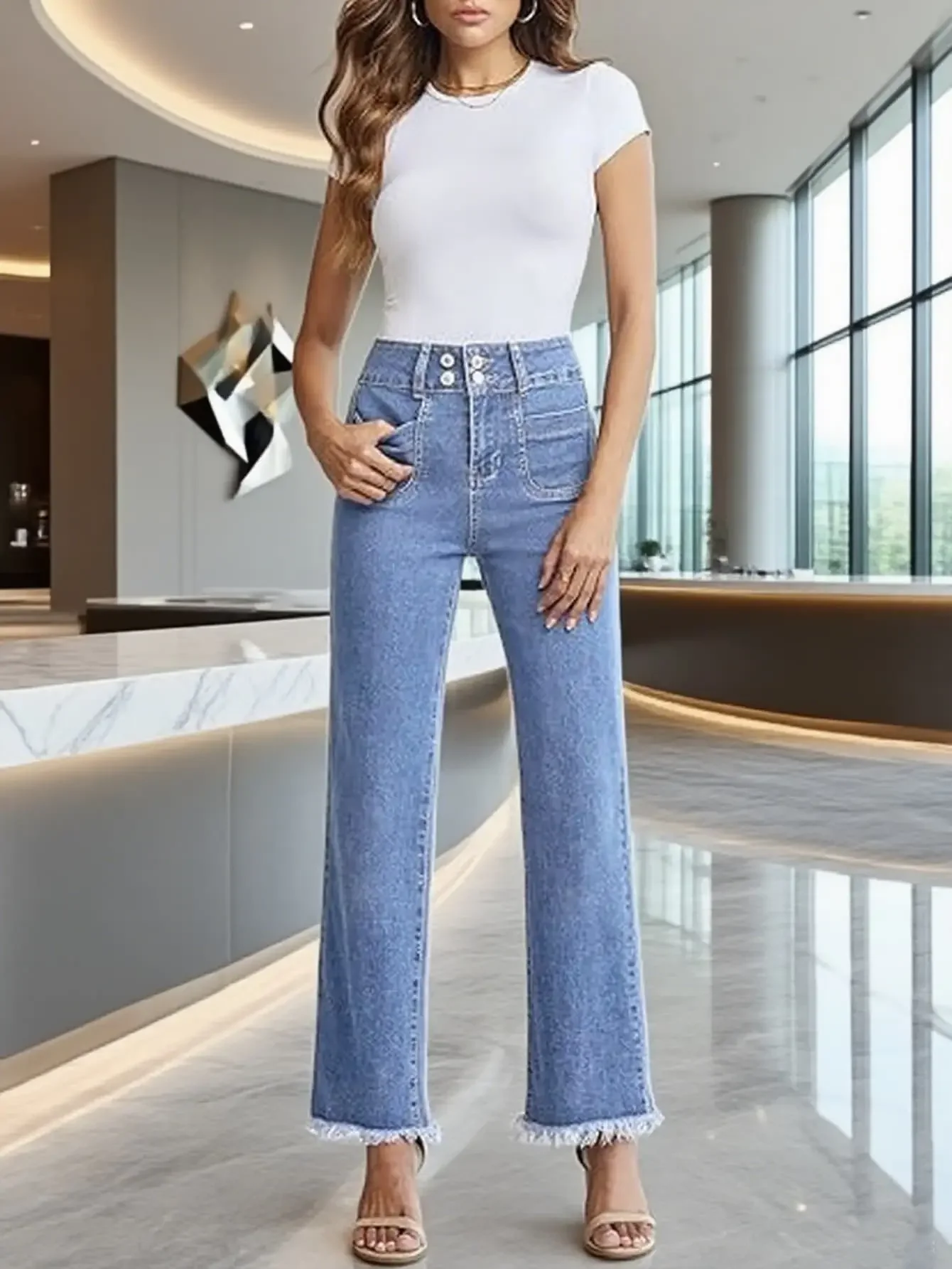 Y2k-Jeans für Damen, Stretch-Denim-Hose, hellblau, gerades Bein, mehrere Knöpfe, dekorative Tasche, neues Design