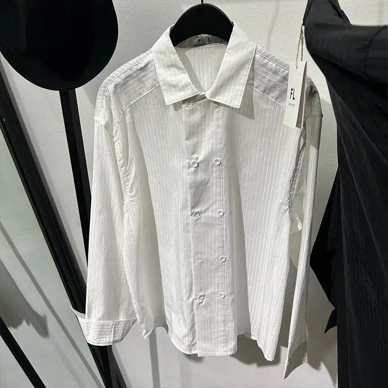 Ruffle Handsome Stylish Flow Simple Double Breasted Long-Sleeved Shirt Popular High-Grade Striped Avant-Garde Temperament