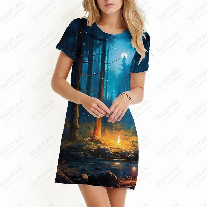 Grundlegende Damenmode Kurzarm Kleid Nacht Wald 3D-Druck Kleid Mode Freizeit Urlaub Kleid einfaches Party kleid