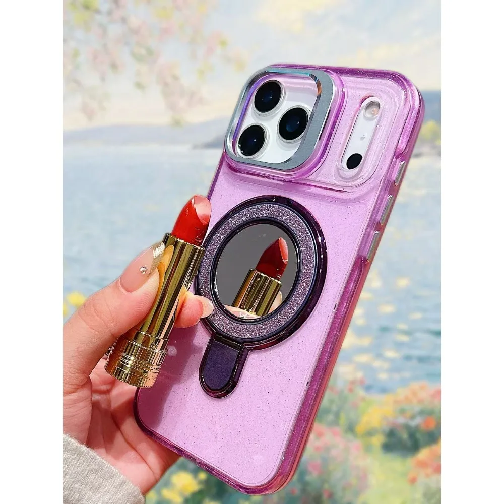 حافظة هاتف Magsafe مغناطيسية جديدة فاخرة "لامعة شفافة مع حامل لهاتف IPhone11 12 13 14 15 16 17 Pro Max