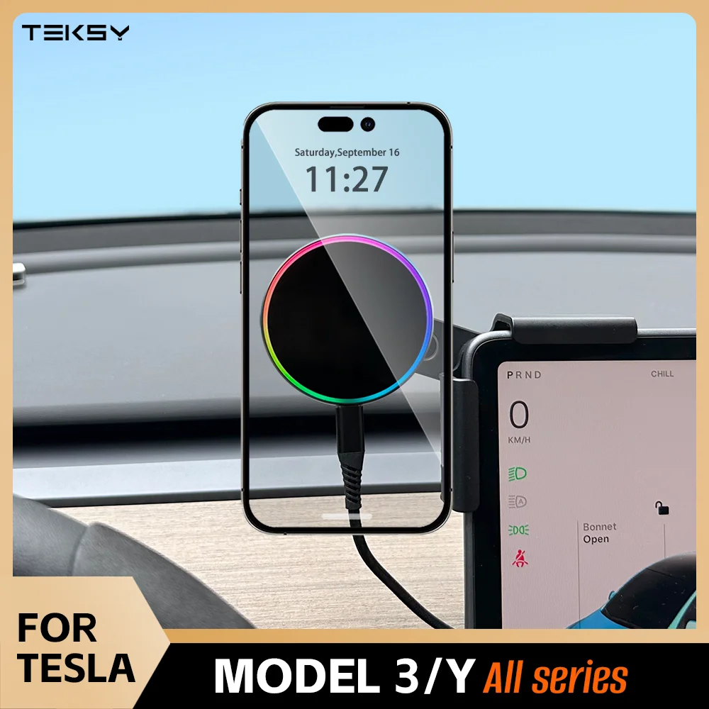 차량용 핸드폰 거치대 15W 및 25W Qi2.2 마그네틱 무선 충전기, 테슬라 모델 Y 3 JUNIPER 2026용 MagSafe 호환 전면 이미지