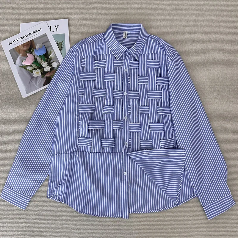 EBAIHUI Camicia da donna taglie forti Manica lunga Blu Scava fuori Colletto polo Camicetta Allentata Moda Patchwork Camicie femminili Chic Top Nuovo