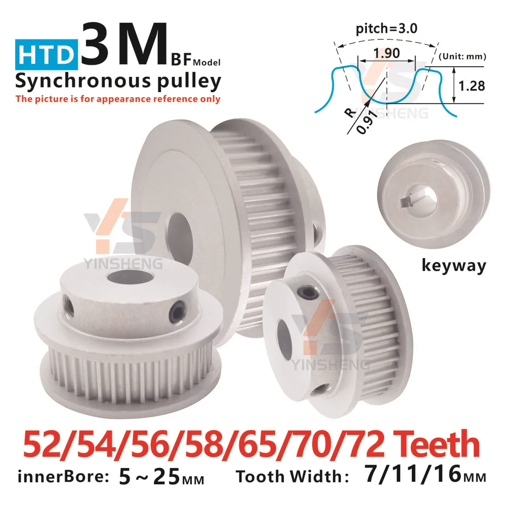 

HTD 3M synchronous Timning pulley 52T 54T 56T 58T 65T 70T 72 Tooth Belt Width10 15 MM Bore 5 To 25 MM keyway 8 To 25MM 3D Parts