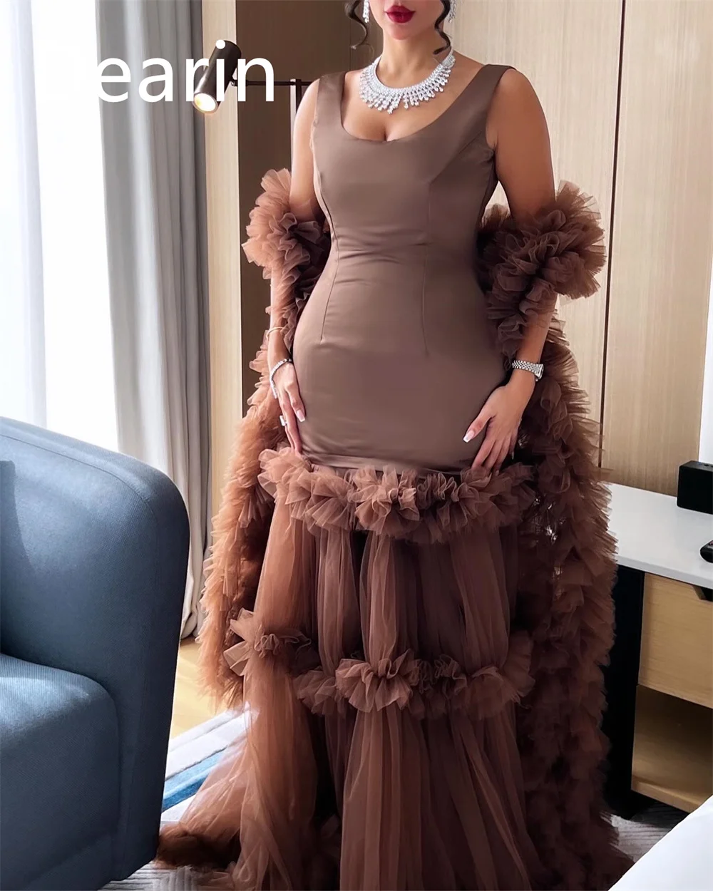 Customized Saudi Arabia Dearin Scoop Neckline Mermaid Floor Length Skirts Fold Draped Bespoke Occasion Dresses Formal Gown Eveni