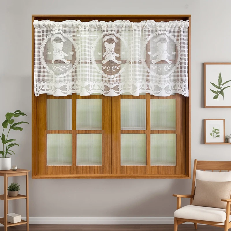 1PC  Cute Beige Little Bear Hollow Short Curtain for Kitchen Small Window Study Lace Drape Cafe Home Decoration