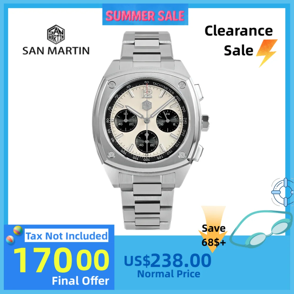 

San Martin 39.5mm VK63 Panda Quartz Chronograph Watch Men Clock Wristwatch Sport Butterfly Clasp Relogios Masculino SN0026JS
